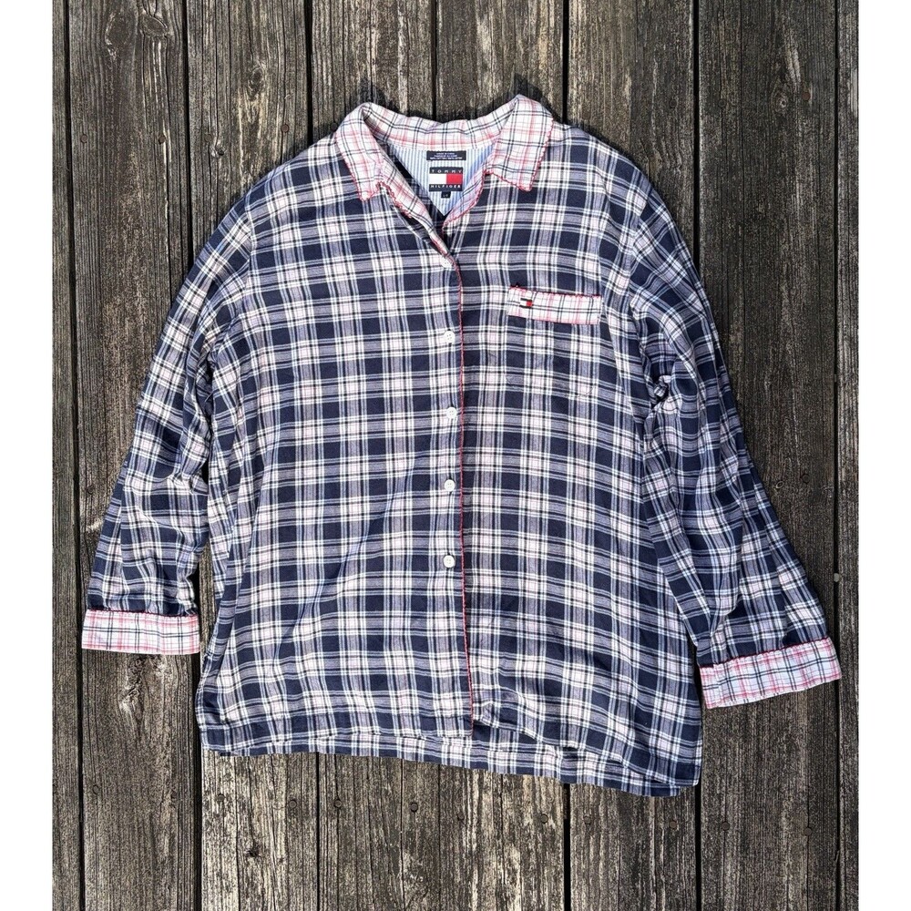 Vintage 90s Tommy Hilfiger Navy Blue Plaid Flannel Button Up Sleep Shirt Sz L